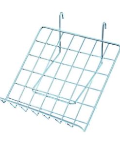 Tablette inclinée en métal laqué blanc de 36 x 36 cm, conçue pour afficher des livres ou brochures sur des grilles d'exposition, disponible en ligne chez C.Diff Prom avec livraison rapide en Suisse.