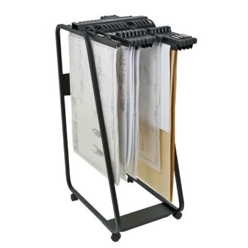 Robuster Metallwagen aus schwarz lackiertem Stahl mit Rollen, entwickelt für die hängende Lagerung von Dokumenten bis zum Format A0, kann bis zu 20 einzeln herausnehmbare Buchbinderleisten aufnehmen, online bestellbar bei C.Diff Prom mit schneller Lieferung in die Schweiz.
