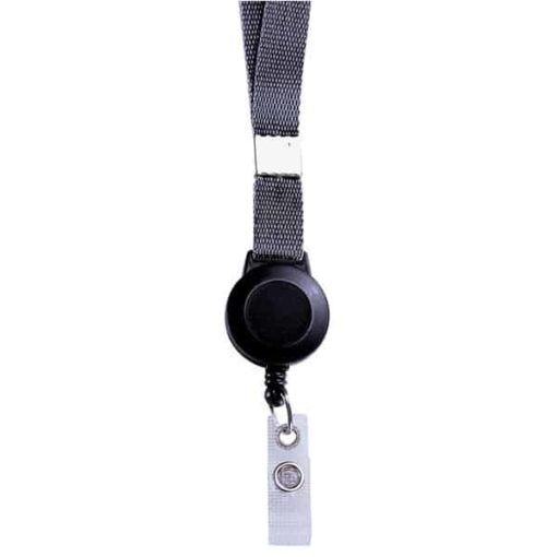 Cordon et clip pour badges, idéal pour des événements en entreprises, comprenant un dispositif de sécurité avec ouverture automatique, un cordon polyester noir souple de 1 cm de largeur et de 43 cm de longueur, extensible jusqu'à 70 cm grâce à un enrouleur zip intégré, disponible à l'achat en ligne pour une livraison rapide en Suisse.