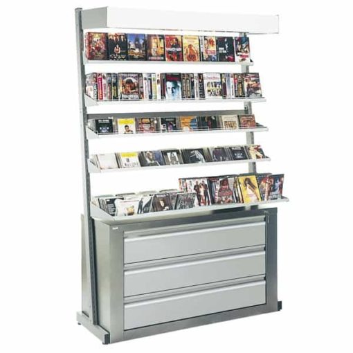 Der Musirack 5 Regale ist ein robustes Stahlmöbel für Bibliotheken und Mediatheken, entworfen für die Präsentation und Aufbewahrung von CDs, DVDs und Spielen, mit 5 Regalen, einem Kasten, einem Lichtgiebel und Zubehör, erhältlich bei C.Diff Prom mit schneller Lieferung in die Schweiz.