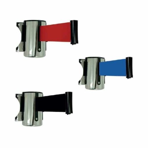 Wandwickler mit Gurtband, erhältlich in blau, schwarz oder rot, ideal zum Verbinden eines Gurtbandes mit einem Pfosten, mit einer Ausziehbarkeit von 2 Metern und einer soliden Wandbefestigung, wird in einem kompletten Set mit Empfangsplatte geliefert, online bestellbar mit schneller Lieferung in die Schweiz.