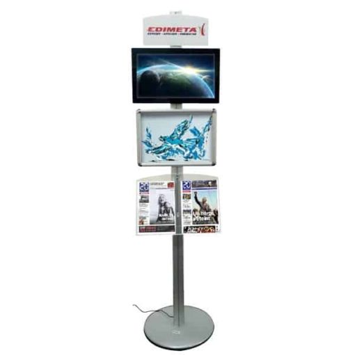 Video-Säule mit 19 Zoll TFT-LCD-Bildschirm, Aluminiumrahmen im A3-Format, schräge Plexiglasablage, erhältlich bei C.Diff Prom mit schneller Lieferung in die Schweiz.