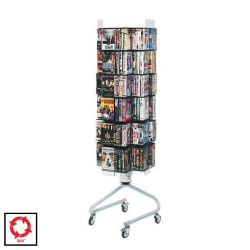 Tourniquet de sol pour présentation de CD ou DVD, conçu pour médiathèques ou magasins, doté de 6 niveaux avec 8 cases chacun, très robuste et ajustable, avec plateau transparent pivotant autour d'un axe central stable sur roulettes, disponible à la commande sur C.Diff Prom avec livraison rapide en Suisse.