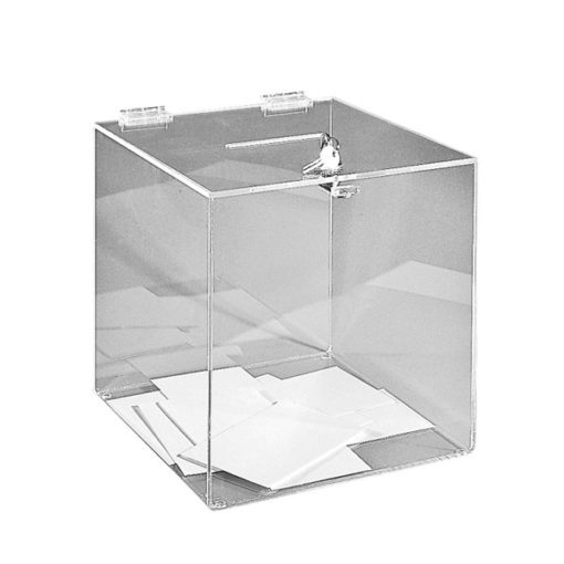 Urne transparente en plexiglas de 25 x 25 x 25 cm avec serrure métallique et couvercle sur charnière, idéale pour les jeux, concours et votations, disponible à l'achat sur C.Diff Prom avec livraison rapide en Suisse.