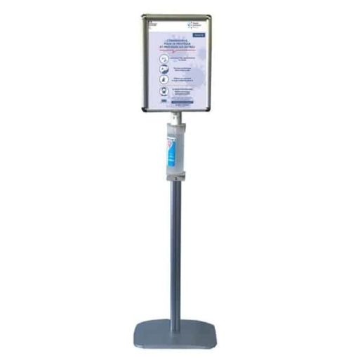 Distributeur de gel pour flacon adaptatif pour points de vente, avec support pour flacons de 300 ml à 1000 ml, ajustable pour les personnes à mobilité réduite, et cadre pour affiches A3, disponible sur C.Diff Prom avec livraison rapide en Suisse.