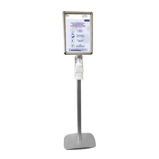 Distributeur sur pied avec pompe manuelle pour gel hydroalcoolique, adapté à tous les secteurs, équipé d'une pompe rechargeable et d'un support d'affichage A3 orientable, disponible à la commande en ligne sur C.Diff Prom avec livraison rapide partout en Suisse.