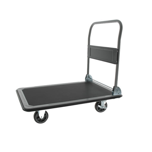 Chariot de manutention disponible en deux dimensions, conçu pour transporter jusqu'à 150 ou 300 kilos selon le modèle, avec des roues pivotantes et freins, un plateau en acier anti-dérapant, et une structure pliable pour un rangement facile. Commandez en ligne sur C.Diff Prom pour une livraison rapide en Suisse.